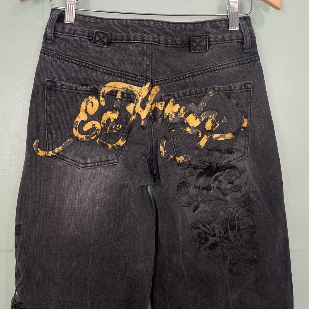 Ed Hardy Loose Wide Leg Jeans Death Before Dishonor Patch Logo Black Women Sz 24 - Picture 6 of 9